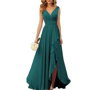 KURFACE Robes de demoiselle d'honneur à volants pour femmes avec fente longue col en V en mousseline de soie robe formelle pour mariage WSX518, bleu sarcelle, 42