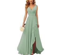 KURFACE Robes de demoiselle d'honneur à volants pour femmes avec fente longue col en V en mousseline de soie robe formelle pour mariage WSX518, vert sauge, 46