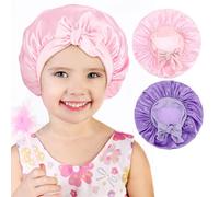 kurkip 2 Bonnet Satin Cheveux Nuit Enfant, Satin Bonnet de Sommeil Elastique a Large Bande pour Dormir Bonnet Chapeau de Nuit pour Filles garçons (Rose + Violet)