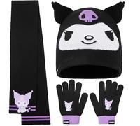 Kuromi Sanrio Ensemble Bonnet Echarpe Gant Fille 3 Pièces ou 2 Pièces Bonnet Anime Gants Hiver, Idée Cadeau Fille (Noir Kuromi Lot de 3)