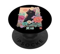 Kuroneko Esthétique Streetwear Japonais - Lofi Floral Cat Art PopSockets PopGrip Adhésif