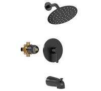 Kurpot Ensemble de robinet de douche pour baignoire, pommeau de douche noir mat de 20,3 cm, robinet de douche haute pression avec valve, bec de baignoire et kit de garniture, ensemble complet de