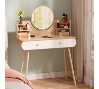 kurriuwu Bureau de vanité avec Miroir et lumières Petite Table Maquillage 2 tiroirs étagères d'ouverture, Coiffeuse vanités en Bois pour Une Petite Chambre d'espace, 3 Modes luminosité Couleur