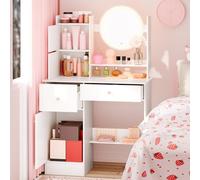 kurriuwu Miroir de Bureau vanité avec lumières, Casse-tête Blanche Table 4 tiroirs, 1 Armoire Rangement et étagères Ouvertes, Chambre à Coucher Miroir Cercle lumières LED pour Blanc