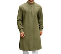 Kurta Homme en Coton et Lin Chemise Mi-Longue avec Boutons Qamis Musulman Décontracté Manches Longues Traditionnel Tunique Islamique Ample Vêtement Idéal pour Été Prière Mosquée et Port (1-Green, L)
