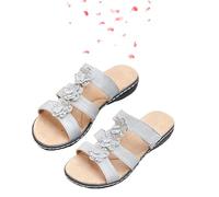 KURTIK Women's Floral-Embellished Slip on Sandals Comfortable Arch Support & Low Wedges Sandals with Flowers Arch Support Slide Shoes 2025 New (Gray,37)