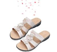 KURTIK Women's Floral-Embellished Slip on Sandals Comfortable Arch Support & Low Wedges Sandals with Flowers Arch Support Slide Shoes 2025 New (Beige,40)