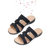 KURTIK Women's Floral-Embellished Slip on Sandals Comfortable Arch Support & Low Wedges Sandals with Flowers Arch Support Slide Shoes 2025 New (Black,37)