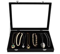 Kurtzy Boite a Bijoux en Velours Noir avec 20 Crochets et Couvercle en Verre - Boîte à Bijoux Empilable pour Colliers, Bracelets, Boucles d’Oreilles et Bracelets de Cheville