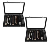 Kurtzy Boite a Bijoux en Velours Noir avec Couvercle en Verre et 20 Crochets (Lot de 2) - Boite Rangement Collier et Bracelets Empilables - Idéales pour Boucles d’Oreilles & Chaines de Cheville