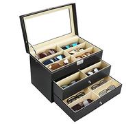 Kurtzy Boite a Lunette de Soleil en Faux Cuir Noir - 18 Fentes à Lunettes - Rangement Lunette de Soleil à 3 Niveaux avec Tiroirs - Lunettes de Soleil, Lunettes, Montres et Bijoux - Hommes et Femmes