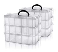 Kurtzy Boite de Rangement 3 Étages Empilable en Plastique Transparent (Lot de 2)- Compartiments Réglables - Maximum 30 Compartiments - Boite en Plastique pour Jouets, Bijoux, Perles, Loisirs, Outils
