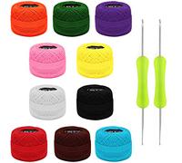 Kurtzy Fil Coton Coloré pour Crochet (10 Pièces) - Avec 2 Crochets (1 mm et 2 mm) - Pelotes de 10 g - Total 600 m de Fil Couleur