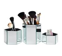 Kurtzy Lot de 3 Pot a Pinceau de Maquillage Hexagonal en Miroir - Petit, Moyen et Grand Pot Maquillage Argenté - Pot a Crayon Original pour Maison, Bureau et Salle de Bain