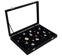 Kurtzy Presentoir Bagues en Velours Noir avec Couvercle - Présentoir Bague avec 100 Encoches - Rangement Bagues, Boucles d’Oreilles et Boutons de Manchettes avec Couvercle Transparent