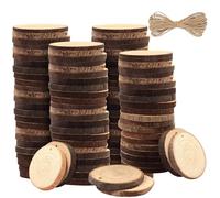 Kurtzy Rondin de Bois Brut (100 Pcs) - Tranche de Bois Naturel D 3-5 cm, 5 mm d’Epaisseur - Rondelle de Bois Pré-percée avec Ficelle en Jute 20 m - Disques en Bois avec Ecorce pour Déco, Loisirs