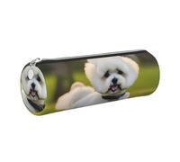 kurue Bichon Frise Chien sur l'herbe Trousse à crayons en cuir Slim Trousse à crayons Jolie trousse de papeterie Portable Trousse à cosmétiques Sac de rangement à fermeture éclair