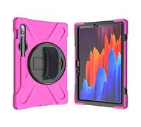 KUSEZJK Coque pour Galaxy Tab S7 11 T870 T875, Antichoc Armure Robuste Étui avec Support Rotatif à 360 Degrés, Dragonne et Porte-Stylet, TPU + PC Housse pour Galaxy Tab S7 11 T870 T875 (Rose Rouge)