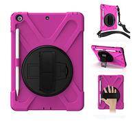 KUSEZJK Étui Compatible avec Apple iPad 10.2 2020 & 2019, Coque de Protection Antichoc Robuste avec Béquille/Bandoulière de Main/Bandoulière/Porte-Crayon (Rose Rouge)