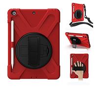 KUSEZJK Étui Compatible avec Apple iPad 10.2 2020 & 2019, Coque de Protection Antichoc Robuste avec Béquille/Bandoulière de Main/Bandoulière/Porte-Crayon (Rouge)
