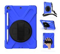 KUSEZJK Étui Compatible avec Apple iPad 10.2 2020 & 2019, Coque de Protection Antichoc Robuste avec Béquille/Bandoulière de Main/Bandoulière/Porte-Crayon (Bleu)