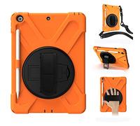 KUSEZJK Étui Compatible avec Apple iPad 10.2 2020 & 2019, Coque de Protection Antichoc Robuste avec Béquille/Bandoulière de Main/Bandoulière/Porte-Crayon (Orange)