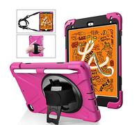 KUSEZJK Étui Compatible avec Apple iPad Mini 5 & iPad Mini 4, Coque de Protection Antichoc Robuste avec Béquille/Bandoulière de Main/Bandoulière/Porte-Crayon (Rose Rouge)