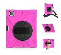 KUSEZJK Étui Compatible avec Apple iPad Pro 12.9 2020 & 2018, Coque de Protection Antichoc Robuste avec Béquille/Bandoulière de Main/Bandoulière/Porte-Crayon (Rose Rouge)