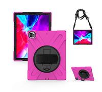 KUSEZJK Étui Compatible avec Apple iPad Pro 12.9 2020 & 2018, Coque de Protection Antichoc Robuste avec Béquille/Bandoulière de Main/Bandoulière (Rose Rouge)