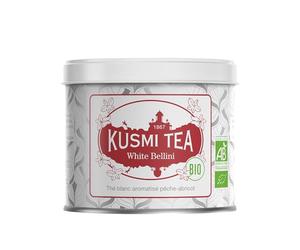 Kusmi Tea - White Bellini - Thé Blanc Bio - Thé Blanc Aromatisé Pêche et Abricot - À Déguster Chaud ou en Thé Glacé - Boîte Thé Métal 90g - Quantité pour environ 50 Tasses