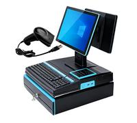 KUSOLE Caisse enregistreuse Tactile de 15,6 Pouces avec Clavier, Lecteur de Codes-Barres, imprimante intégrée de 58 mm, Ensemble Complet, incluant 10 Rouleaux de Papier Thermique. Blue-Dualscreen