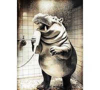 KUSTOM ART Affiche murale décorative série animaux ameublement de toilette hippopotame en douche impression artistique sur papier couché 40 x 30 cm sans cadre