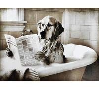 KUSTOM ART Affiche murale décorative série animaux meuble toilette chien Golden Retriever avec lunettes sur baignoire impression artistique sur papier couché 40 x 30 cm sans cadre