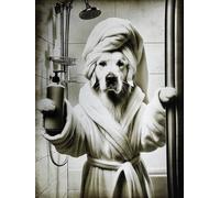 KUSTOM ART Affiche murale décorative série animaux meuble toilette chien Golden Retriever en peignoir, impression artistique sur papier couché 40 x 30 cm sans cadre