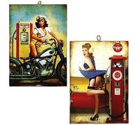 KUSTOM ART Lot de 2 tableaux style vintage série Pin-up (pompe à essence). Impression sur bois 25x18 cm. Pour décoration de boucherie Rôtisserie Restaurant…