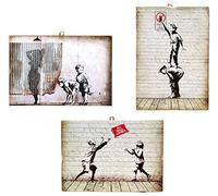 KUSTOM ART Lot de 3 tableaux de style vintage Banksy de collection imprimé sur bois 25 x 18 cm
