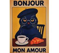 KUSTOM ART Poster décoratif mural série animaux chat noir petit déjeuner Bonjour Mon Amour impression artistique sur papier patiné 40 x 30 cm sans cadre