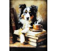 KUSTOM ART Poster mural décoratif série animaux Aristocratiques chien Border Collie avec tasse de thé impression artistique sur papier couché 40 x 30 cm sans cadre