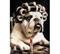 KUSTOM ART Poster mural décoratif série animaux Aristocratiques chien Bulldog anglais avec bigoudis et rouge à lèvres imprimé artistique sur papier couché 40 x 30 cm sans cadre