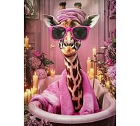 KUSTOM ART Poster mural décoratif série animaux girafe dans la salle de bain, baignoire avec lunettes et peignoir rose, impression sur papier couché 40 x 30 cm sans cadre
