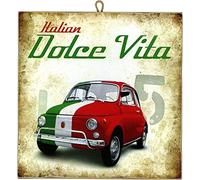 KUSTOM ART Tableau de style vintage 31x31 cm 500 Italian Dolce Vita de collection Impression laser sur bois de haute qualité - Idée cadeau
