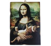 KUSTOM ART Tableau de style vintage La Gioconda Monna Lisa L. Da Vinci avec chat imprimé sur bois 18 x 25 cm