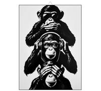 KUSTOM ART Tableau mural ou de table, série animaux, trois singes, chimpanzé, non voir, non entendre, non parler, impression artistique sur bois, 30 x 21 cm