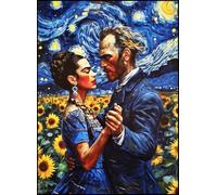 KUSTOM ART Tableau mural ou de table série Peintures célèbres Nuit étoilée Parodie avec Frida Kahlo et Vincent van Gogh Danse entre tournesols Impression artistique sur bois 30 x 21 cm