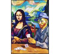 KUSTOM ART Tableau mural ou de table, série peintures célèbres parodie Monna Lisa et Vincent Van Gogh jouent à des cartes, impression artistique sur bois, 30 x 21 cm