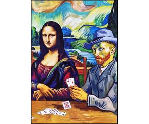 KUSTOM ART Tableau mural ou de table, série peintures célèbres parodie Monna Lisa et Vincent Van Gogh jouent à des cartes, impression artistique sur bois, 30 x 21 cm