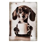 KUSTOM ART Tableau mural série animaux chien teckel avec lunettes et tasse de café, impression sur bois, 25 x 18 cm