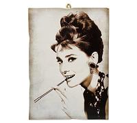 KUSTOM ART Tableau quadrillage style vintage série acteurs & café Audrey Hepburn du film Petit déjeuner par Tiffany (1961) Impression sur bois 18x25 cm.