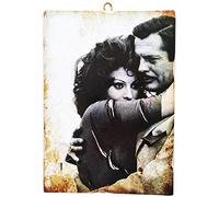 KUSTOM ART Tableau quadrillage style vintage série acteurs célèbres italiens Sophia Loren & Marcello Mastroianni impression sur bois 25 x 18 cm.