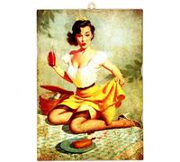KUSTOM ART Tableau quadrillage style vintage série Pin-Up pique-nique impression sur bois 25 x 18 cm.